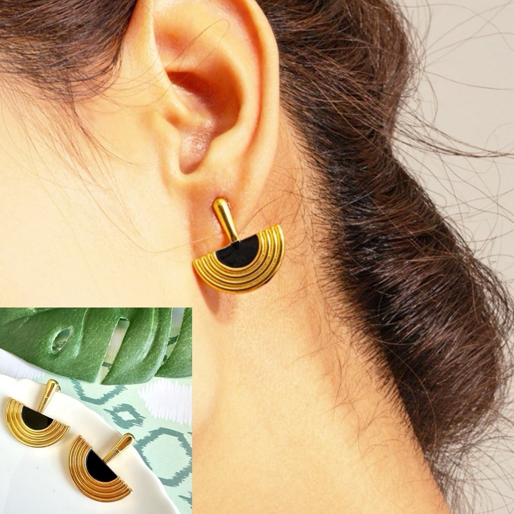 2/$30🌵 Gold Egyptian Semicircle Metal Earrings Luna Glow Stud Art Deco Gift NEW